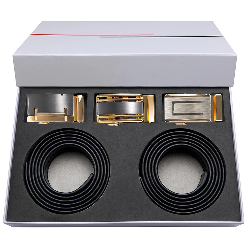 

Hi-Tie 3+2 Gift Belt Box Set Men's Genuine Leather Black Belt Brand Designer Automatic Buckles Belt Metal Ratch Belt for Mens