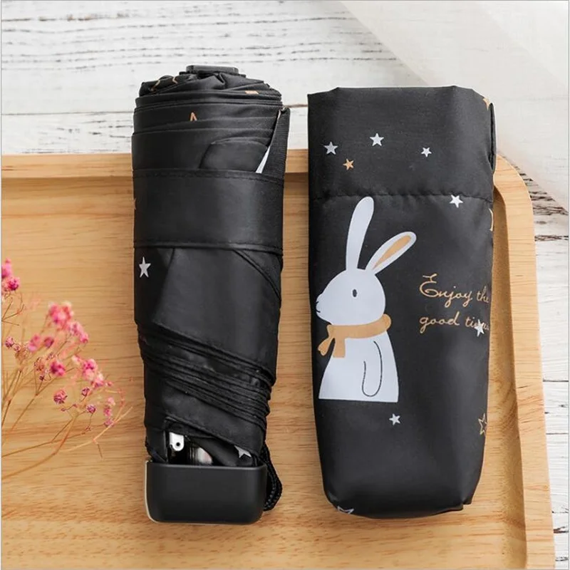 Rabbit Black Карманный мини-зонтик с рисунком, детский зонт, 5 складов, ветрозащитный зонтик с УФ-защитой для девочек, детский зонтик - Цвет: Rabbit Black