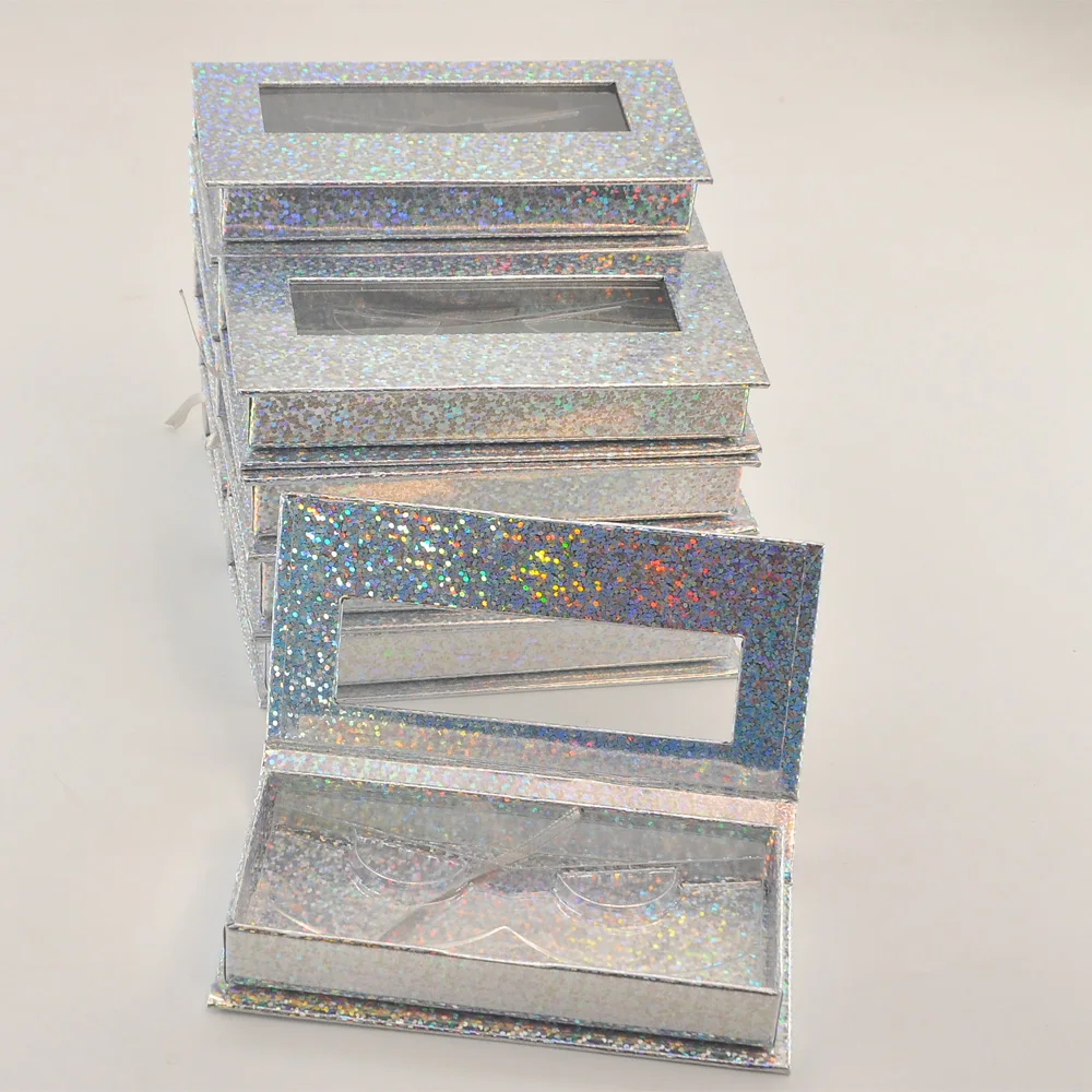 

Wholesale eyelash packaging box lash boxes package custom rectangle glitter silver 25mm mink lashes makeup storage case vendors