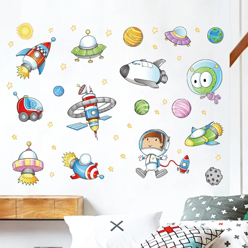 

Space Astronaut Cartoon Wall Sticker children room Outer Space Planet Galaxy Rocket ship decorative Wall Stickers For Kids Rooms
