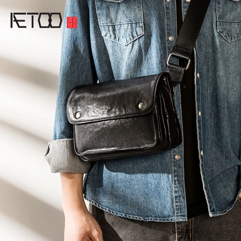 AETOO Leather men's messenger bag, trendy all-match shoulder bag, first layer cowhide casual personality men's bag