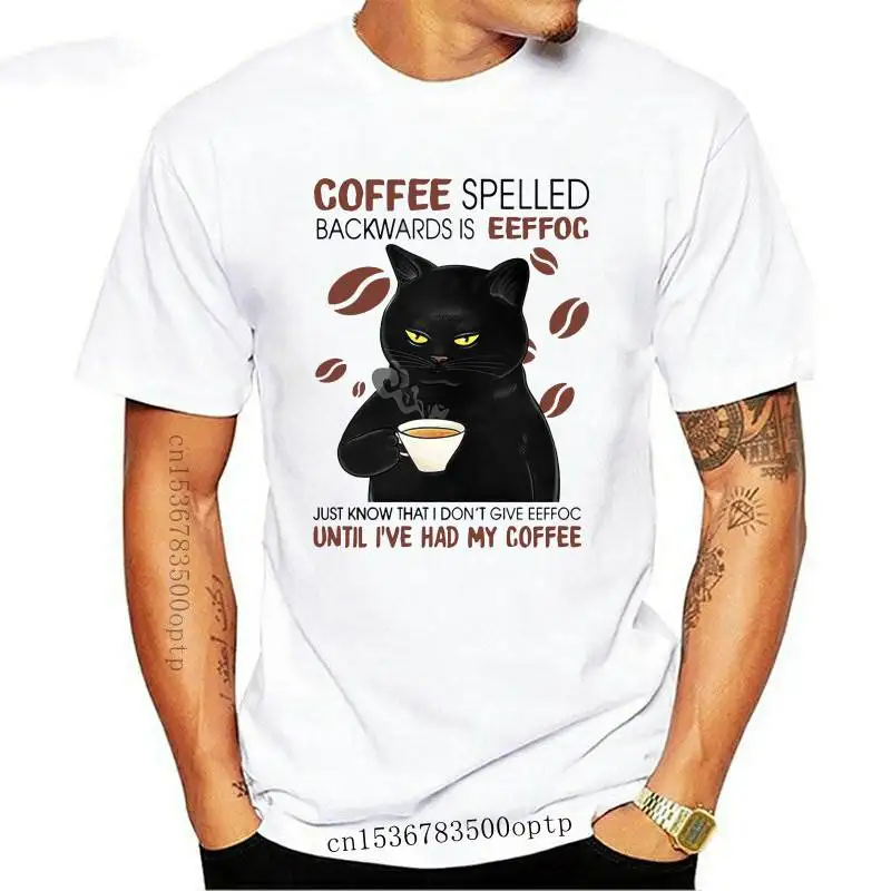 

New Unisex 100% Premium Cotton Black Cat Coffee Spelled Backwards Is Eeffoc Funny Cat Coffee Lover Men's T Shirt Vintage Women