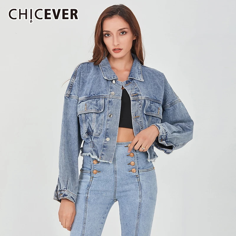 

CHICEVER Solid Denim Jacket For Women Lapel Puff Long Sleeve High Waist Casual Blue Short Coats Female 2022 Summer Fashion Style