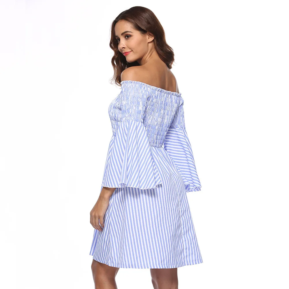 Sexy Off Shoulder Party Mini Dresses Elegant Vintage Stripe Lantern Long Sleeve Summer Holiday Style Beach Boho Dress Vestidos |