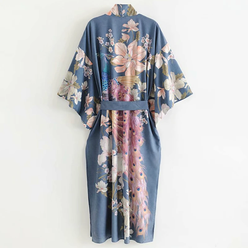 

GypsyLady Vintage Chic Long Kimono Blouse Top Peacock Loose Summer Cardigan Wrapped Women Holiday Beach Blue Tops Cardigans