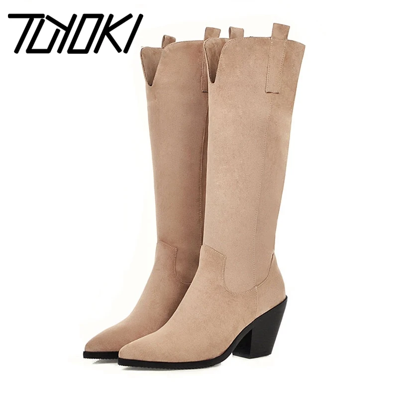

Женские высокие сапоги до колена Tuyoki, однотонные Простые Сапоги на толстом каблуке, большой размер 31-46, для зимы, 2020
