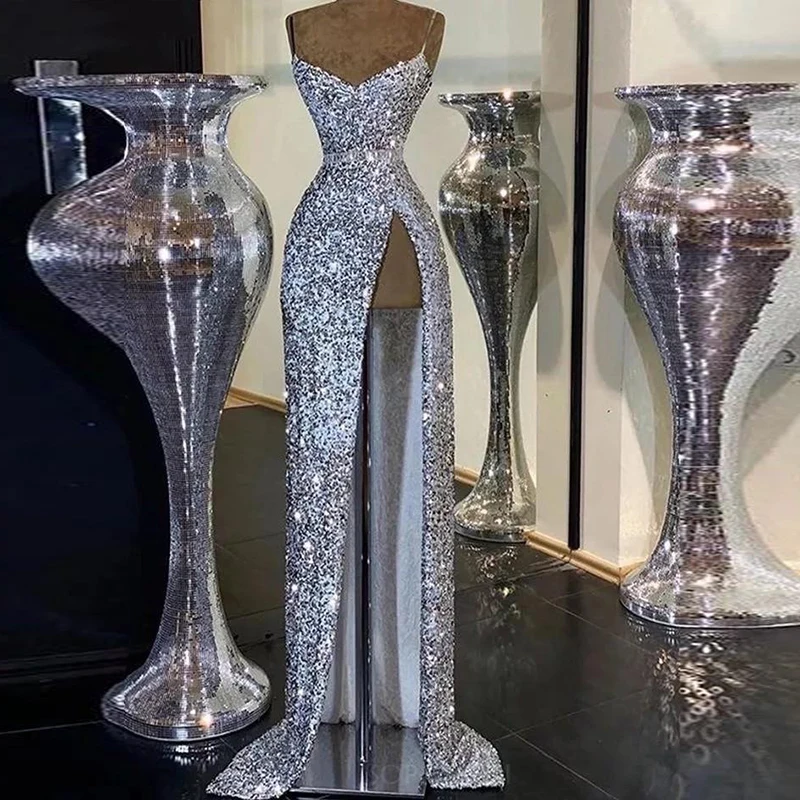 

Silver Sequined Evening Dresses 2021 Sexy High Split Spaghetti Straps Special Occasion Party Dress Formal Prom Gowns