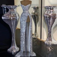 silver sequined evening dresses 2021 sexy high split spaghetti straps special occasion party dress formal prom gowns
