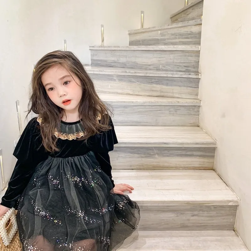 

WLG Girls Dress Kids Clothes Fall Winter Thick Mesh Patchwork Black Long Sleeve Dresses Baby Girl Warm Casual Clothes for 2-7T