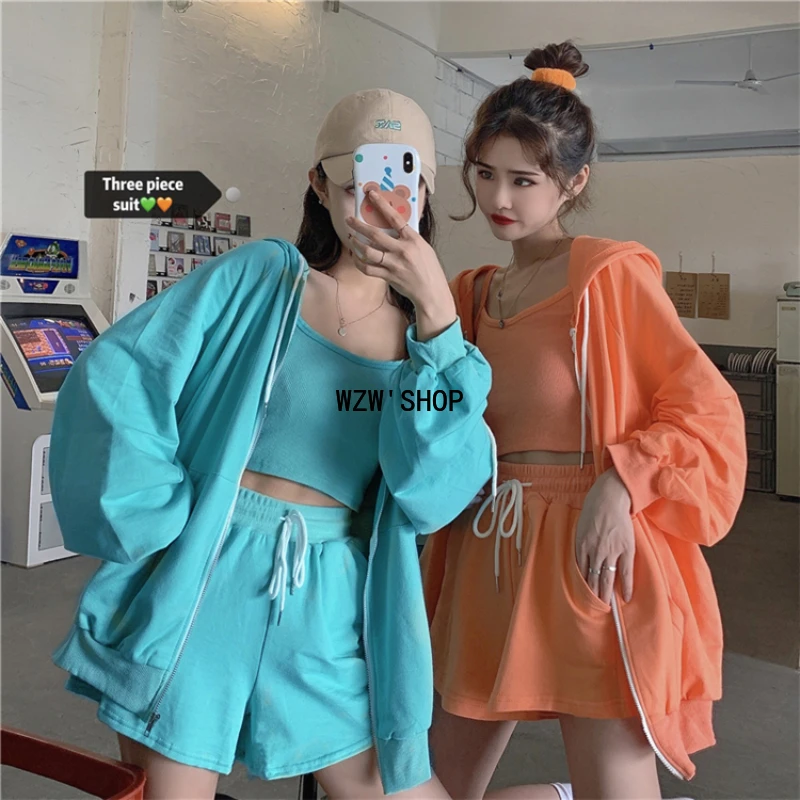 

Summer Solid Casual Shorts Sets Woman Training Apparel Orange Camisole Sports Shorts Hooded Jacket 3 Piece Set Free Shipping