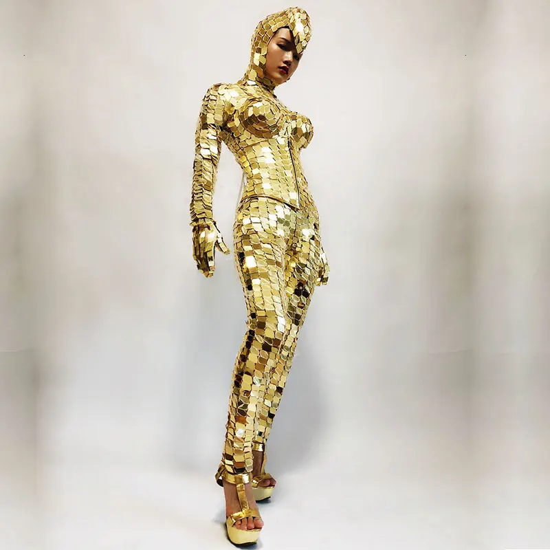 Shiny gold full mirror stage costume sets large elastic hand-stitched mirror nightclub bar Prom team stage Performance outfit