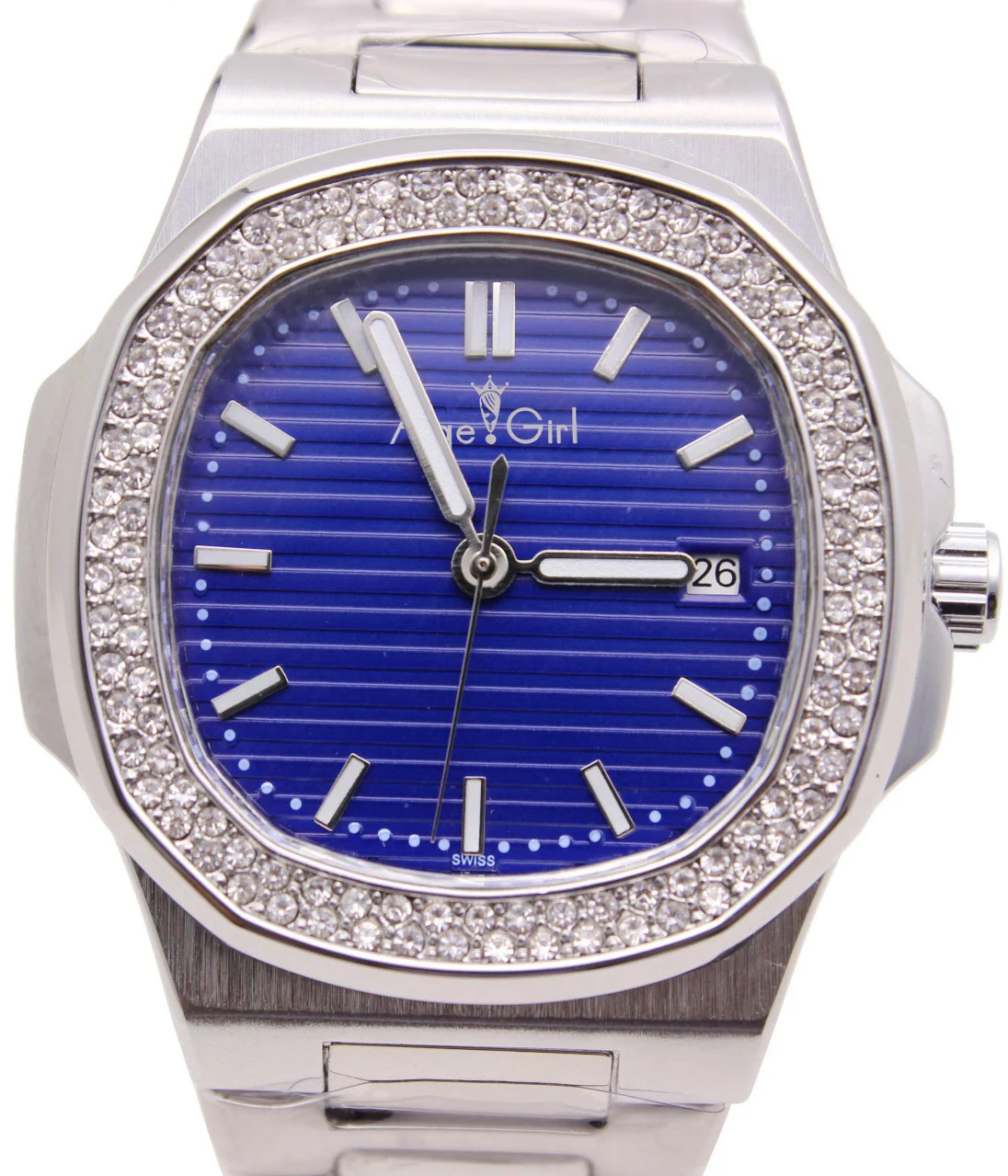 

Classic New Automatic Mechanical Men Watch 2 Rows Diamonds Transparent Glass Back Silver Black Blue Coffer Luminous Watches