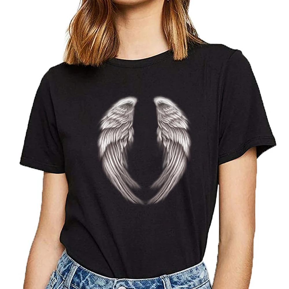 

Tops T Shirt Women wings angelical Design Black Short Female Tshirt