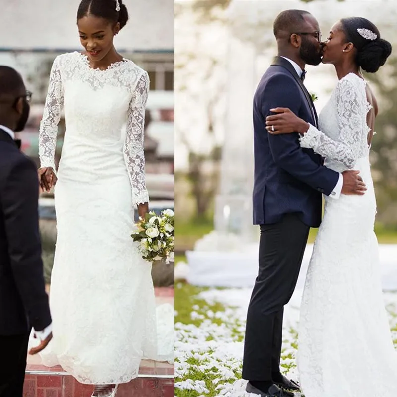 

Кружевное свадебное платье с юбкой-годе, длинным рукавом и открытой спиной