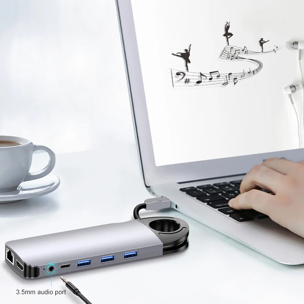 

10 In 1 VGA Audio Mic Jack 4K for 3.0 Ports USB C Hub Ethernet Aluminum Alloy Dock Station Card Reader PD Charging Splitter