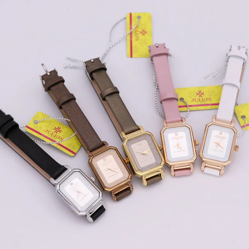 

Julius Women's Leather Lady Watch Japan Quartz Girl fashion Plastic Buckle Plastic Paper Hardlex Round Wristwatches no box