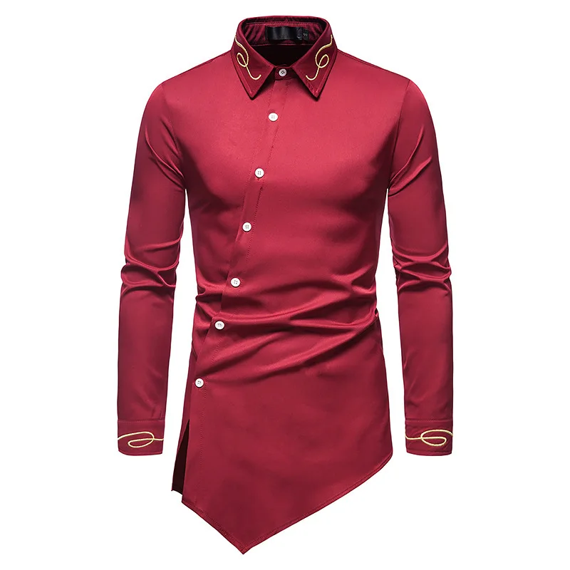 

New spring 2021 shirt men, vintage court style embroidered shirt, asymmetrical long-sleeved shirt, solid color top, men's shirt