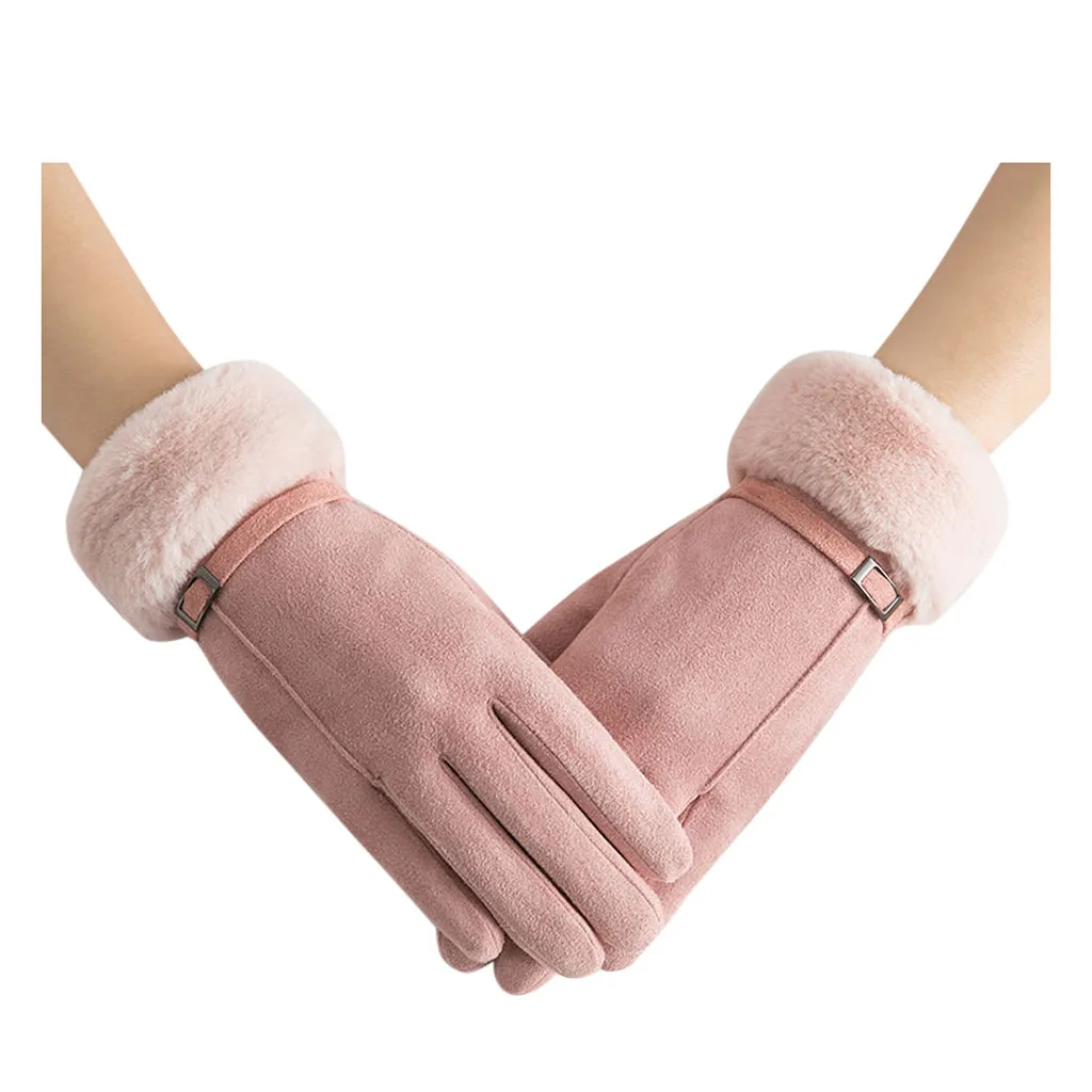 

Winter Female Suede Leather Bow Plush Wrist Mitten Women Thick Plus Plush Windproof Warm Touch Screen Driving Cycling Gloves
