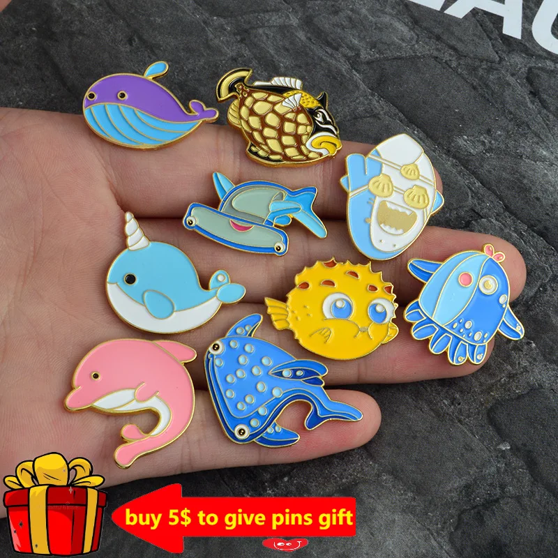 Эмалированные булавки с морскими существами забавные Акула кальмар Кит
