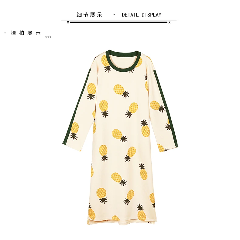 Kawaii/нижнее белье для девочек, ночное платье с длинным рукавом, хлопковый пуловер, платье для сна, милый Ночной костюм с ананасом, женские длинные халаты