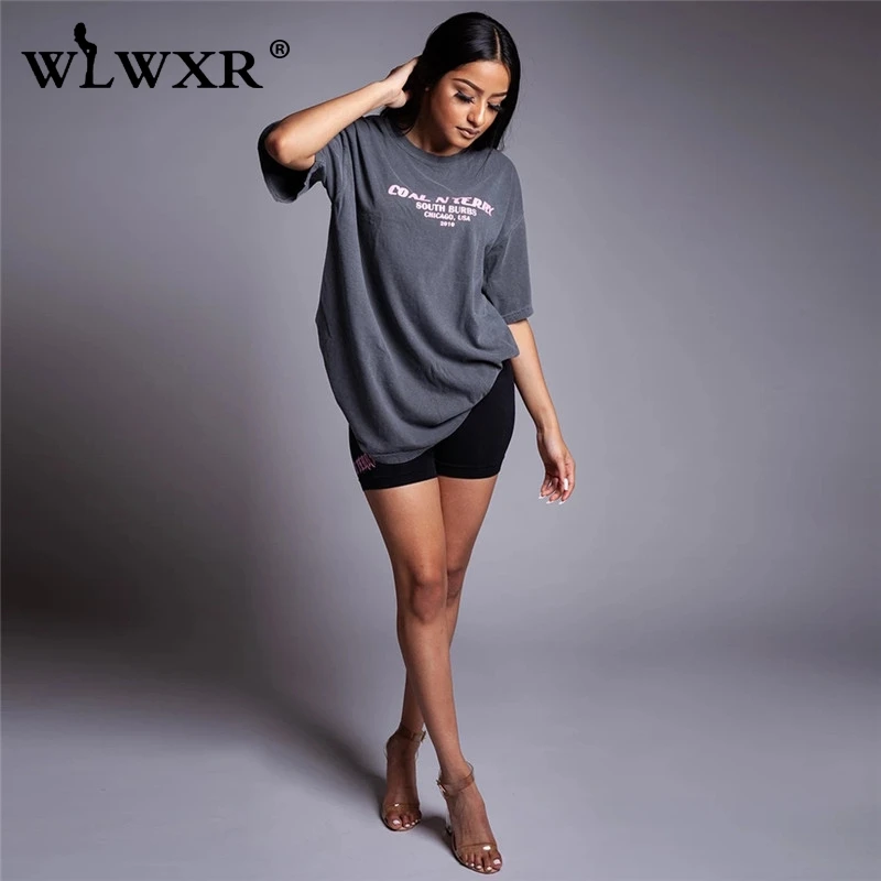 WLWXR Повседневная футболка с буквенным принтом, женская футболка большого размера, топ с коротким рукавом, Длинная летняя футболка, женская футболка, сексуальная женская Свободная футболка