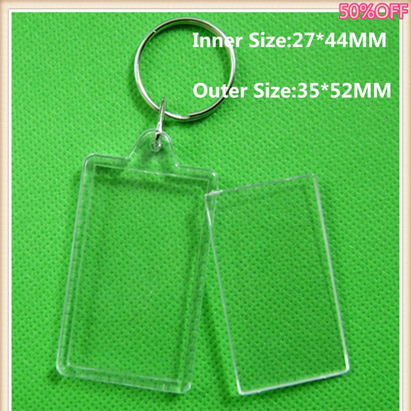 

50pcs/lot Rectangular Transparent Blank Insert Photo Picture Frame Key Ring Split keychain pictures frame for Gift key rings