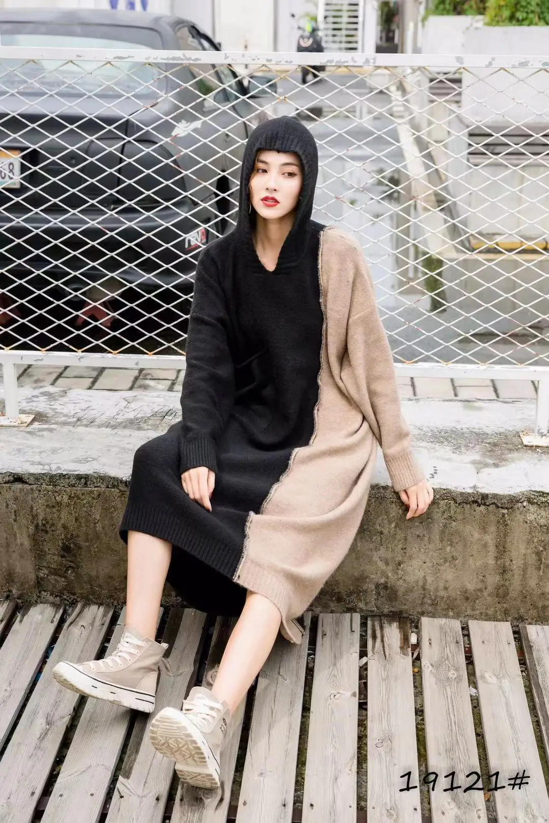 Зимнее женское платье свитер QING MO 2019 с капюшоном цветное повседневное свободное