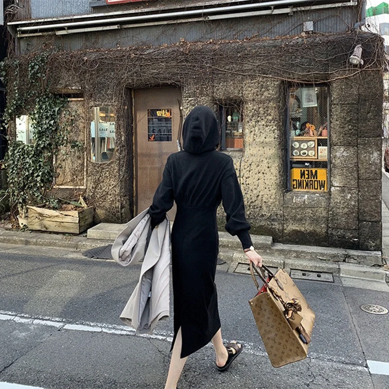 Большие размеры M-4XL женское Спортивное платье с капюшоном серого и черного цвета