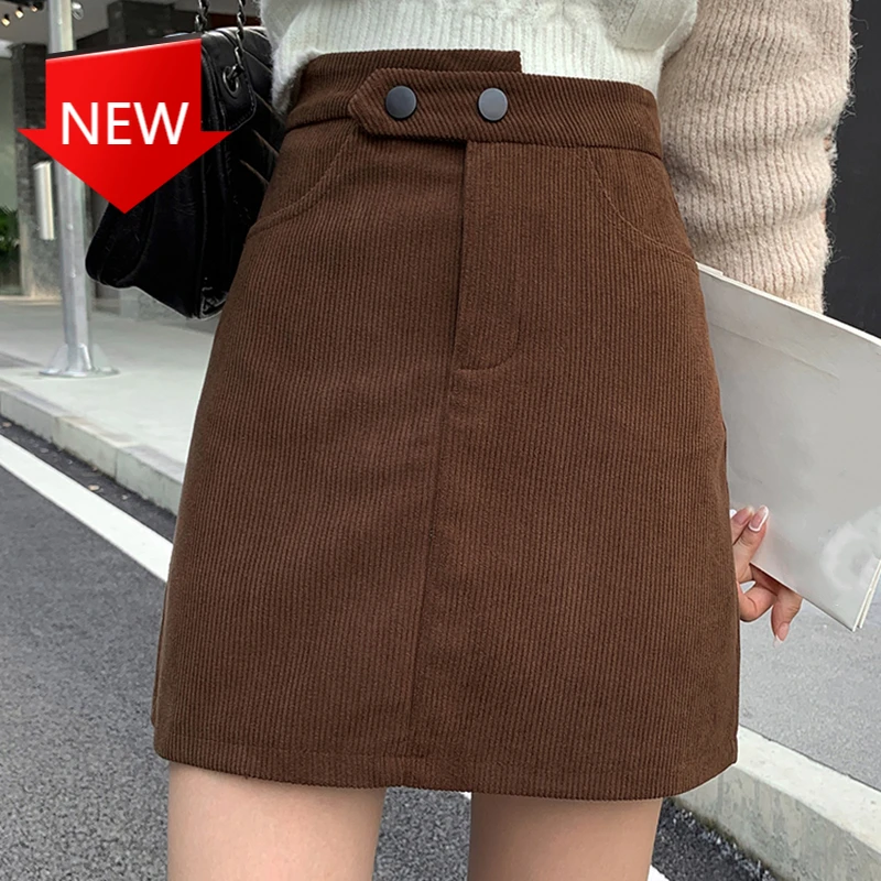 

Women Casual Mini Skirt Ladies Winter Fashion Korean Japan Harajuku High Waist A-Line Solid Button Skirts Slim Office Streetwear