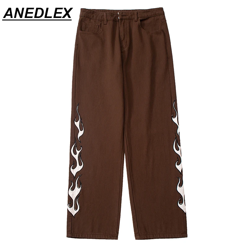 

Harajuku Men Flame Letter Embroidery Jeans Hip-Hop Streetwear Jeans Men Fashion Loose Straight Gothic Trousers Casual Pants