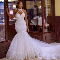 2022 mermaid whiteivory wedding dresses elegant bride dress halter neck luxury appliques lace vestido de novia wedding gowns