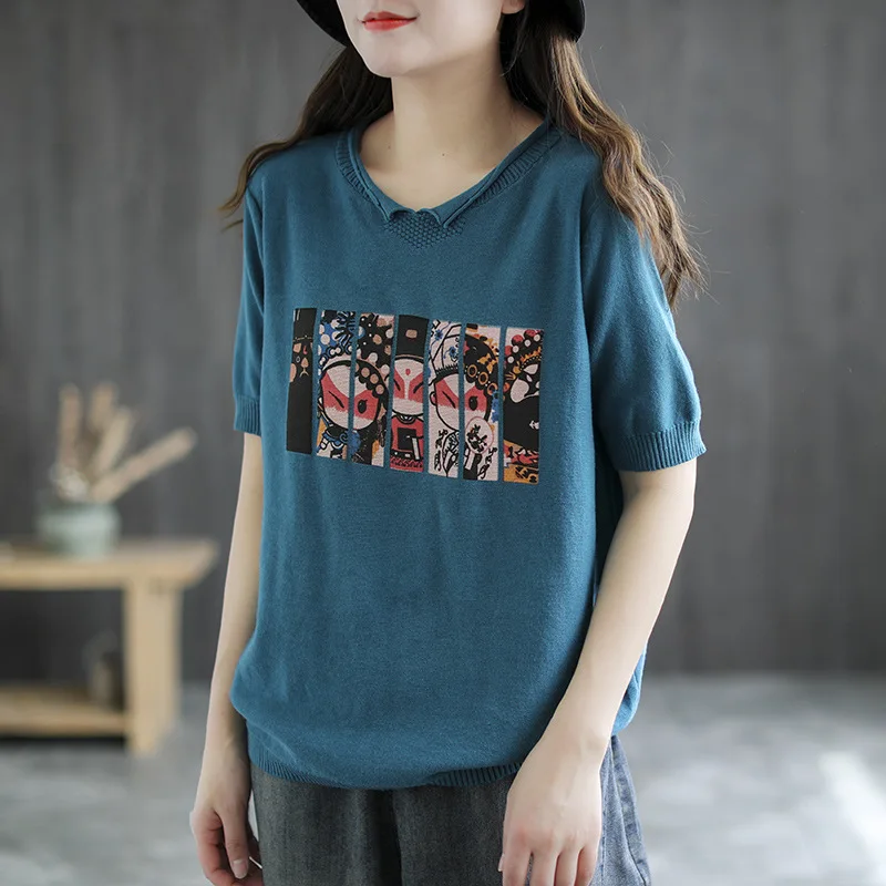 

LIMINDSPCXQQ 2021 Chinese Fashion Style Women Knitted Loose Red Tshirt Printed Vintage Short Sleeve Tee Female Tops Plus Size