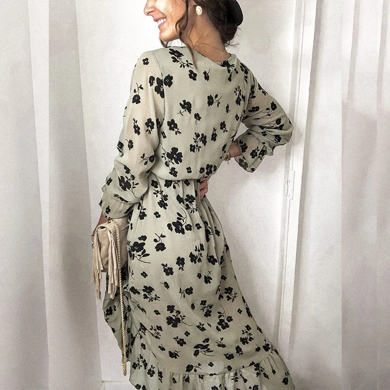 

Summer V Neck Long Sleeve Split Floral Dress For Women Winter Casual Ruffle Long Print Dress Slim Female Irregular Party Vestido