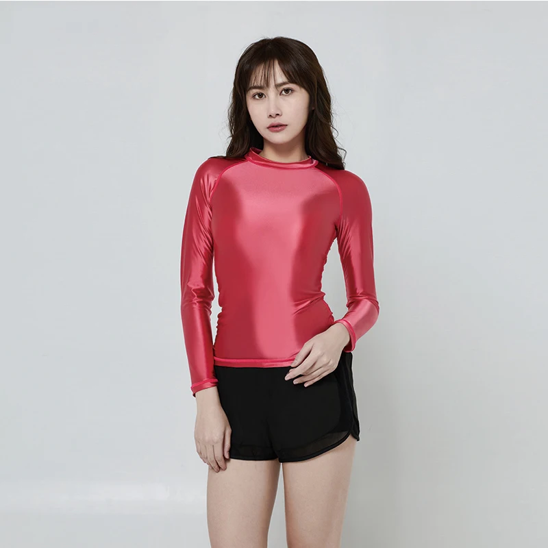 DROZENO One-piece swimsuit ladies sexy solid color smooth round neck long sleeve top Long shiny long sleeve surfer swimsuit sexy