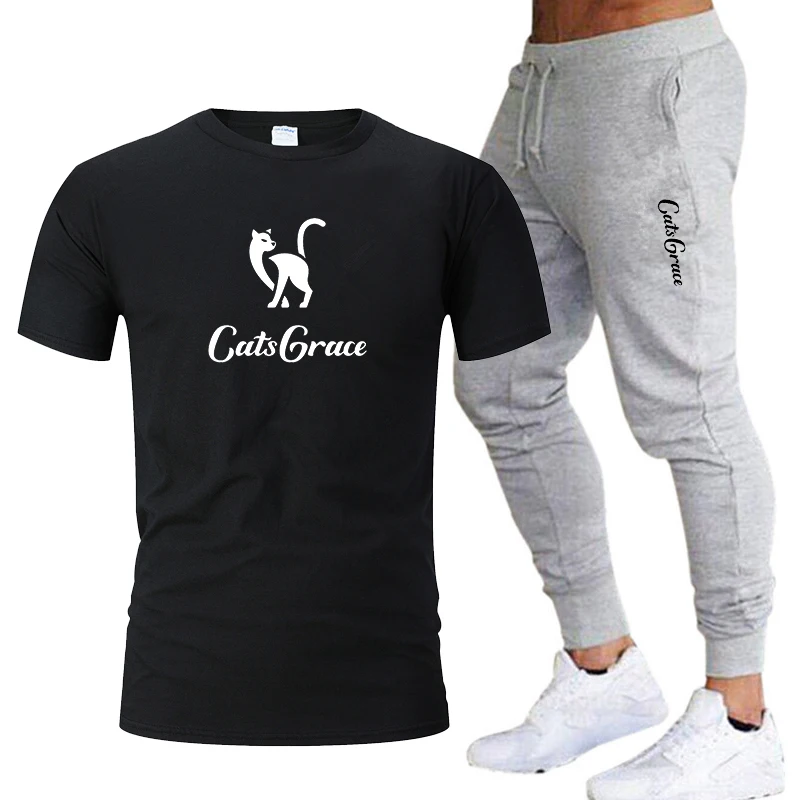 

Men's sportswear spring and summer sportswear two piece T-shirt pants Harajuku Cat brand sportswear