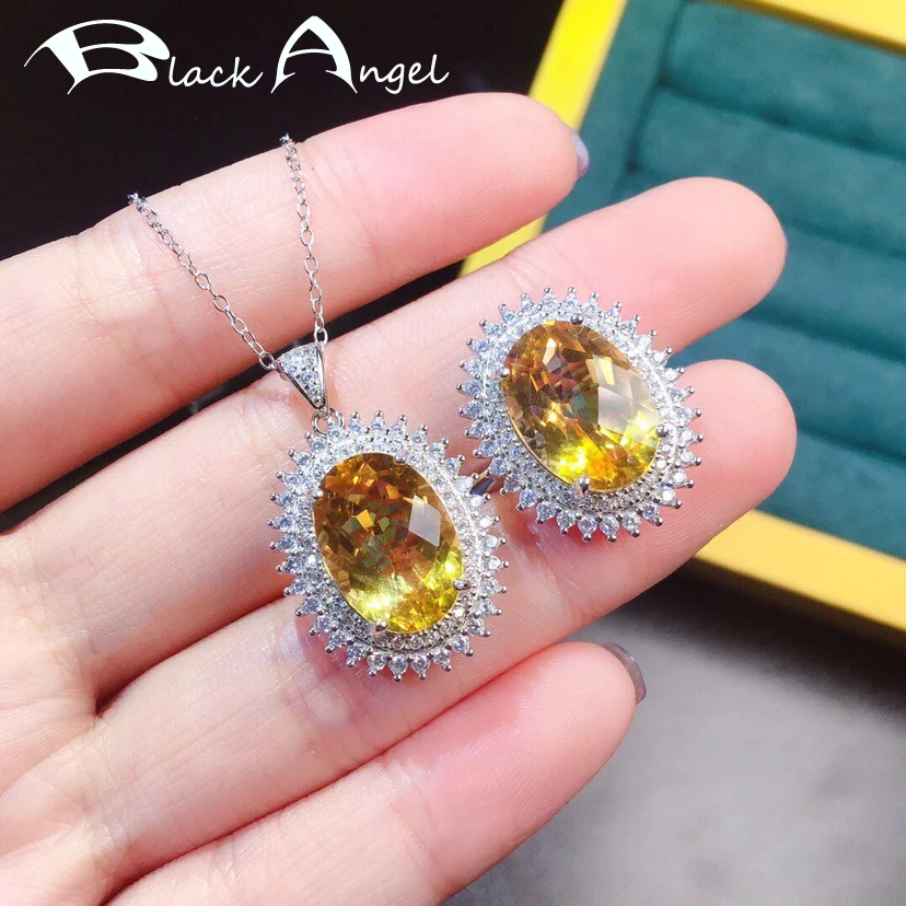 

BLACK ANGEL New Silver Exaggerated Yellow Gemstone Pendant Jewelry Set Citrine CZ Necklace Wedding Resizable Ring For Women