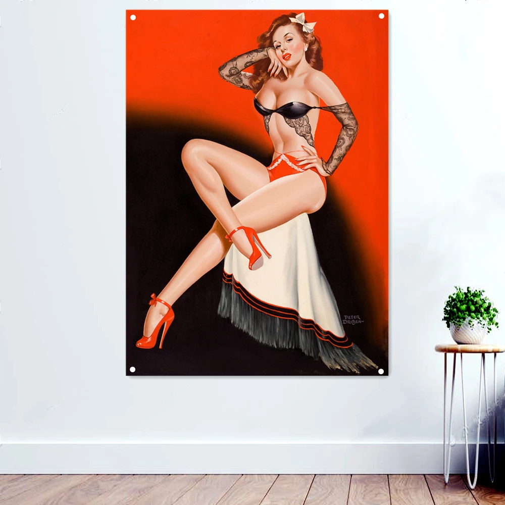 

Pin Up Girl Posters Vintage Sexy Girl Banner Flag Sticker Polyethylene Hanging Painting Wall Decor for Bar Pub Club Bedroom C3