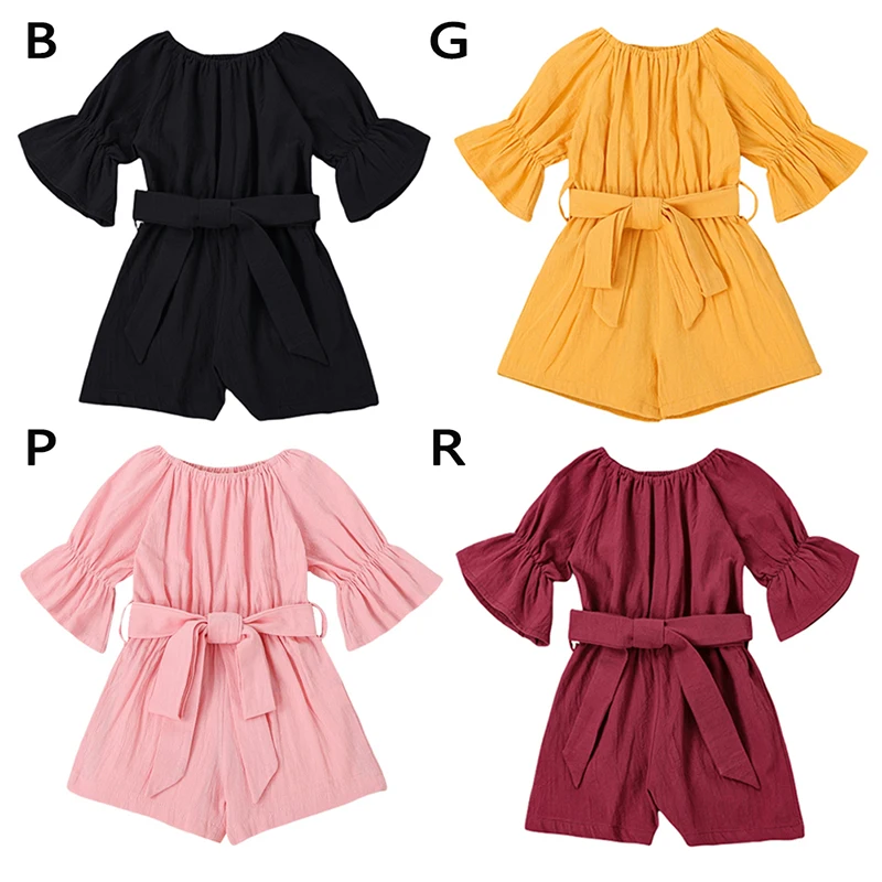 

Toddler Baby Girl Romper Jumpsuit Flare Sleeve Shorts Overall With Belt Summer breathable Clothes Outfits for 1-7Y baby