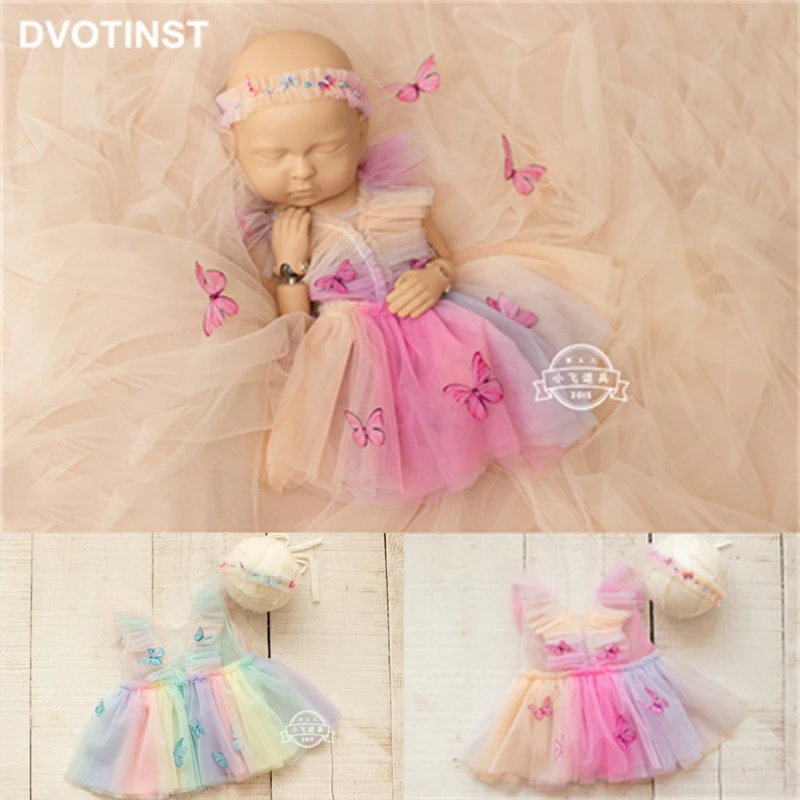Dvotinst Newborn Baby Girls Photography Props Butterly Outfits Dress Headband Set Rainbow Fotografia Studio Shooting Photo Props