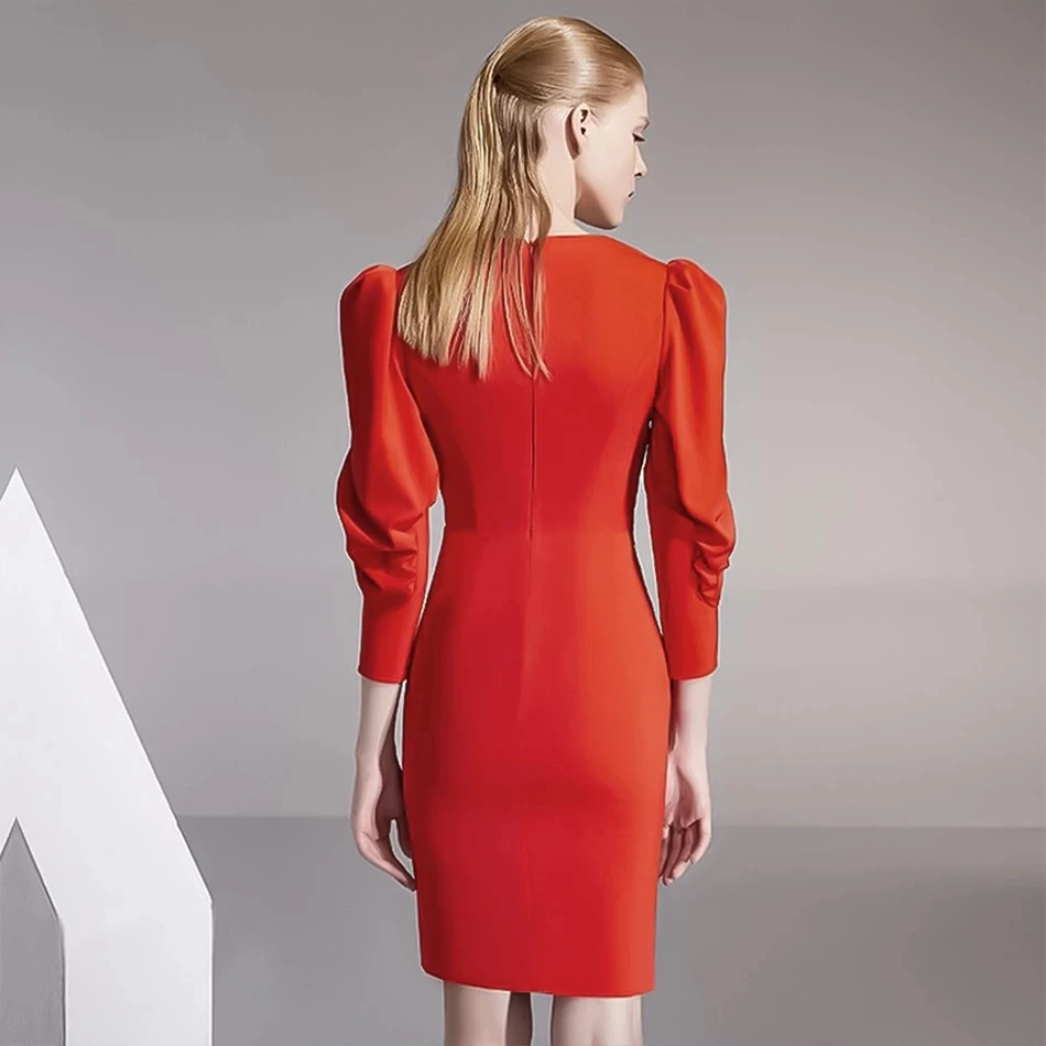 

Sladuo 2021New Winter Women V Neck Red Bodycon Bandage Dress Sexy Three Quarter Sleeve Mini Celebrity Evening Runway Party Dress