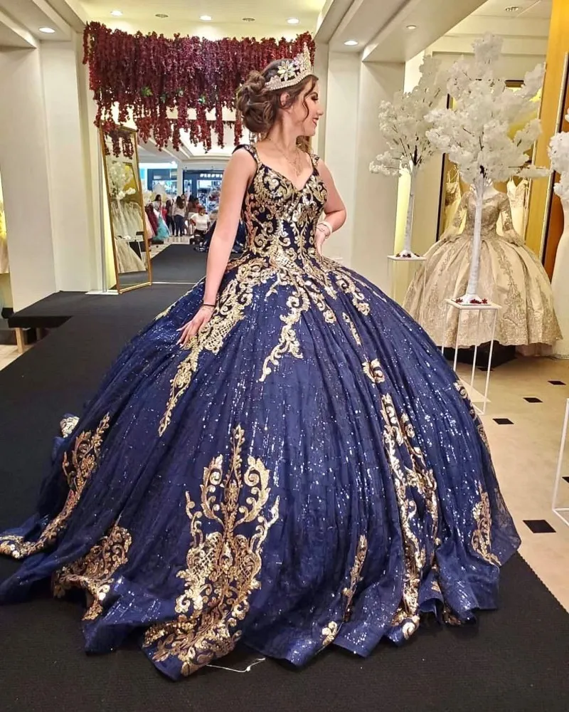 

Navy Blue vestidos de xv 15 años Sequined Quinceanera Dresses Corset Back Ball Gown Prom Sweet 16 Dress robe de princesse fille