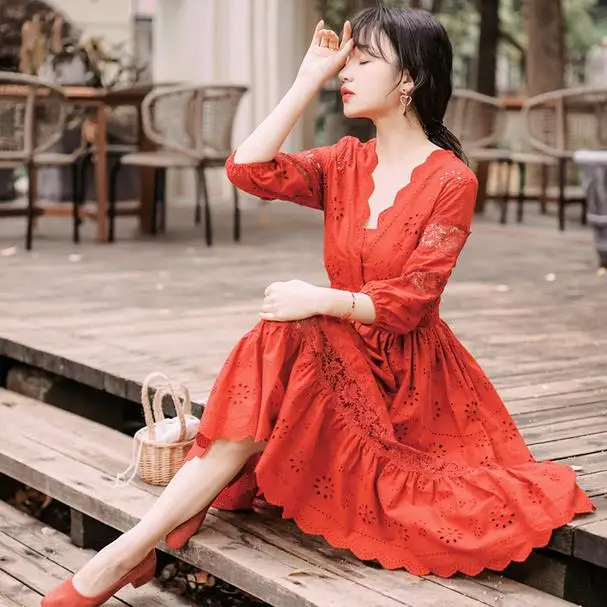 Элегантное красное платье в богемном стиле с вышивкой v-образный ворот 3/4 Фонари