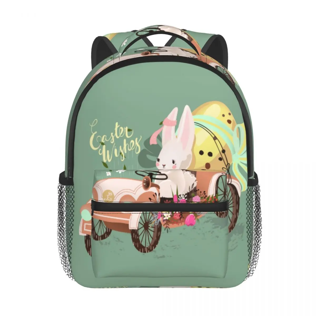 Kids Backpack Cute Rabbit Driving Vintage Car With Decorated Easter Egg Kindergarten Children Mochila School Bag