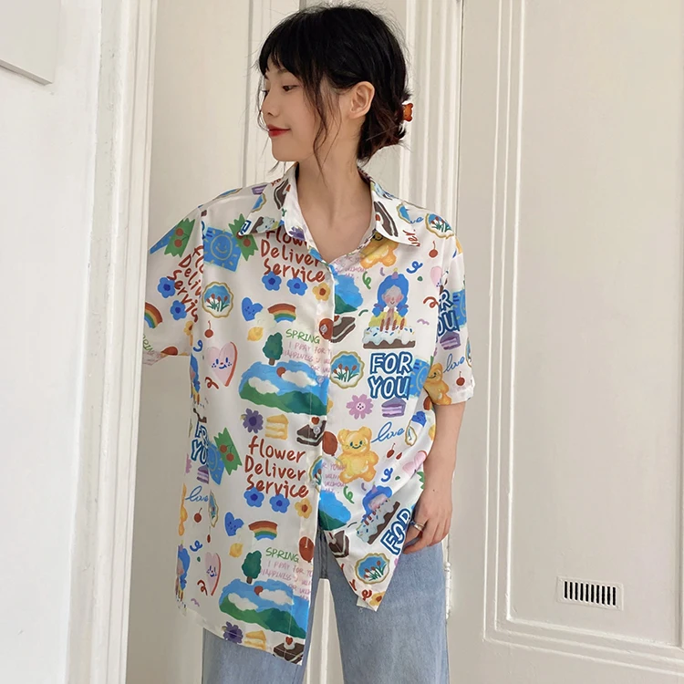 

New Summer Streetwear Women Shirt Kawaii Cartoon Graffiti Blouses High Street Hawaii Loose Short-sleeved Blouse Tops Mujer