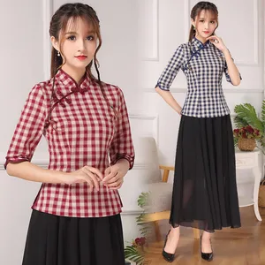 Женская рубашка в клетку KYQIAO, синяя или красная рубашка в этническом стиле с полурукавами и воротником-стойкой, в интернет-магазине в Китае, осень 2019