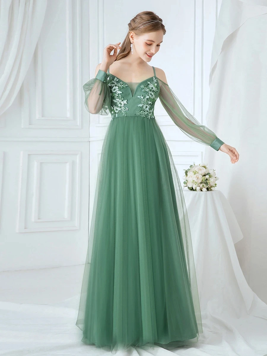 

Ever PrettySpaghetti Straps Tulle Wholesale Bridesmaid Dresses With Applique Sheer SleevesVestidos De Gala