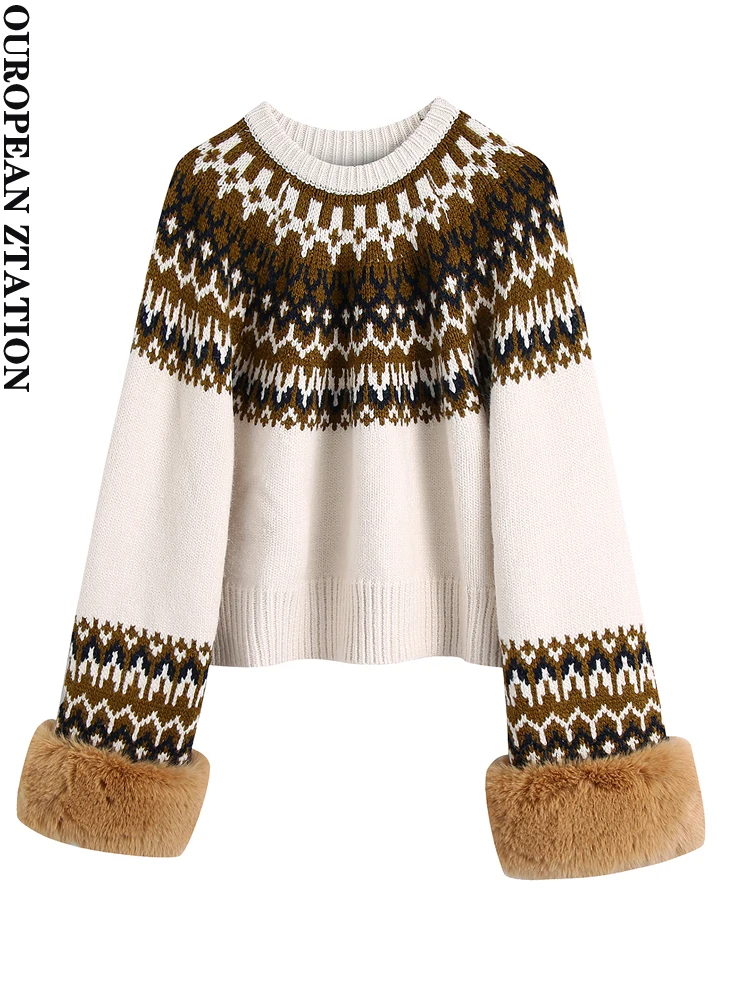 

Женский жаккардовый свитер za, винтажный пуловер с длинным рукавом и круглым вырезом, вязаный свитер из искусственного меха, 2021