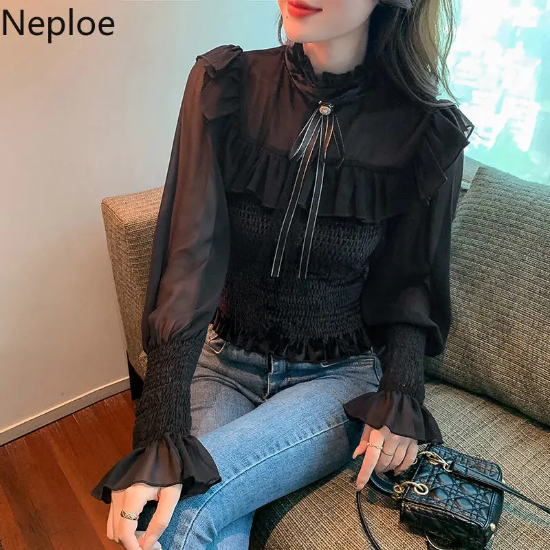Neploe Blouse Women Chic Stand Neck Bow Shirts Sweet Ruffles Slim Fit Temperament Korean Fahsion Folds Blusas Tops Mujer | Женская