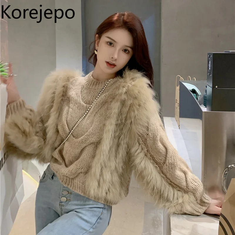 

Женский свитер цвета хаки, модель сезона осень-зима 2021 года, Элегантный Пушистый свитер в Корейском стиле ретро с длинными рукавами, повседн...
