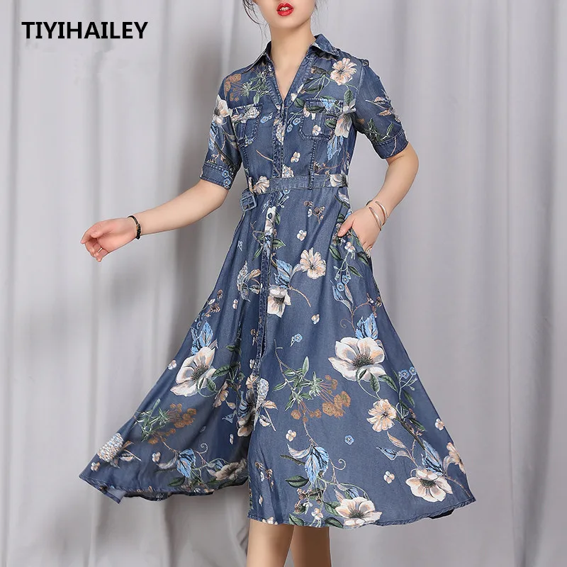 

TIYIHAILEY 2022 New Free Shipping Vintage Women Long Mid-calf Summer Denim Cotton S-2XL Sleeveless Single Breasted Print Dresses